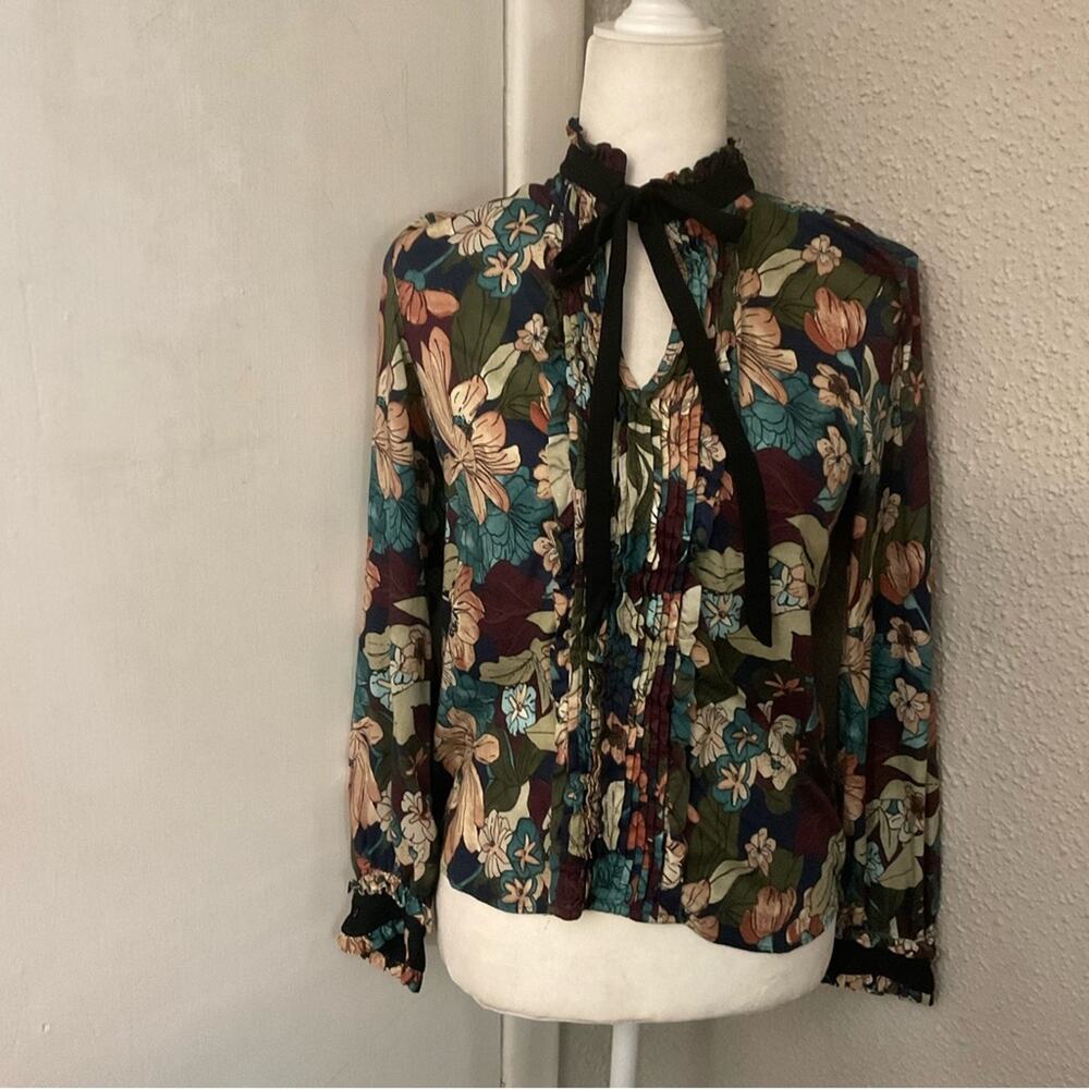 ZARA Basic High Neck Tie Front Floral Secretary Blouse S Corporate Siren Cottage